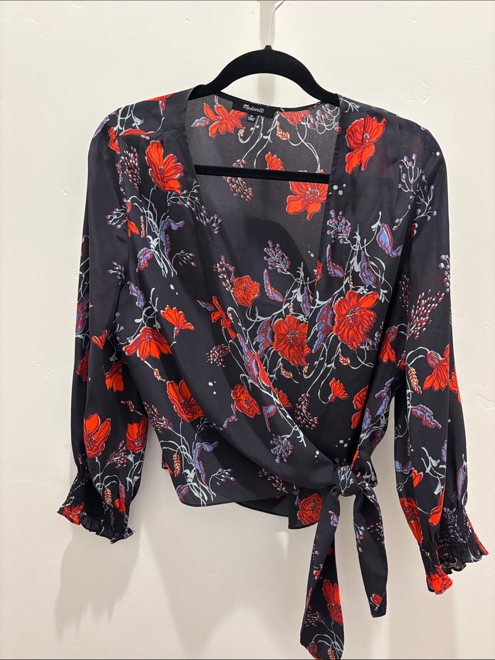 Madewell Black Wrap Top with Red Floral Print
